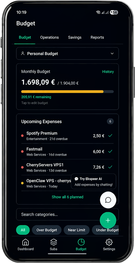 ekspeer mobile app mockup showing budget and upcoming expenses